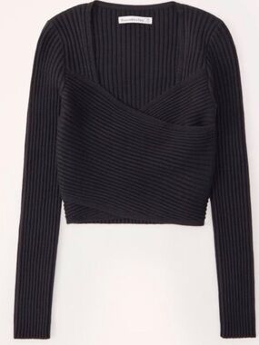 Abercrombie & Fitch Black Ribbed Wrap Crop Long-Sleeve Sweater Top
